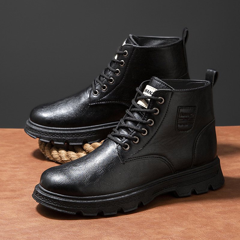 Ghete Martin pentru toamnă-iarnă, din PU, vârf rotund, impermeabile, talpă antiderapantă, șireturi în față