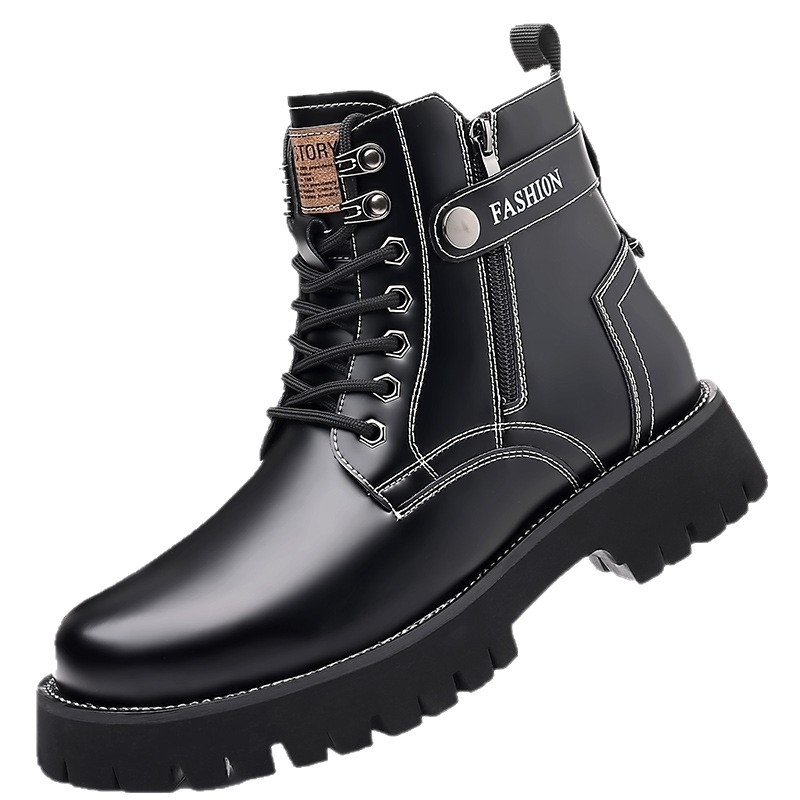 Cizme Martin pentru bărbați, partea superioară din piele split, branț din lână de oaie, talpă din cauciuc, toc mic (1–3 cm)