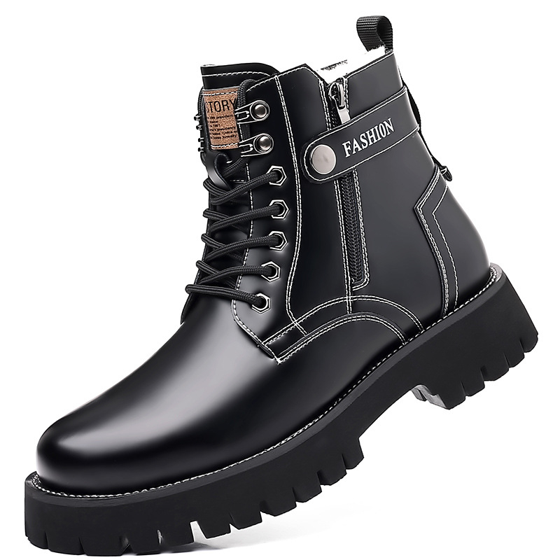 Cizme Martin pentru bărbați, partea superioară din piele split, branț din lână de oaie, talpă din cauciuc, toc mic (1–3 cm)