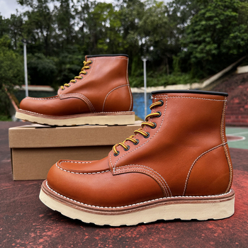 Ανδρικά δερμάτινα μποτάκια σε στυλ Martens, ρετρό, κατασκευή Goodyear welted, μεσαίο μήκος shaft, στρογγυλή μύτη, καουτσούκ σόλα (Goodyear welted; δέρμα επάνω μέρος; μεσαίο μήκος shaft; στρογγυλή μύτη; καουτσούκ σόλα)