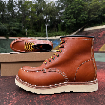 Ανδρικά δερμάτινα μποτάκια σε στυλ Martens, ρετρό, κατασκευή Goodyear welted, μεσαίο μήκος shaft, στρογγυλή μύτη, καουτσούκ σόλα (Goodyear welted; δέρμα επάνω μέρος; μεσαίο μήκος shaft; στρογγυλή μύτη; καουτσούκ σόλα)