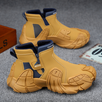 Ghete Martin pentru bărbați, înalte, PU partea superioară, talpă de cauciuc, fermoar lateral, căptușeală din plasă, toc mic 1-3 cm