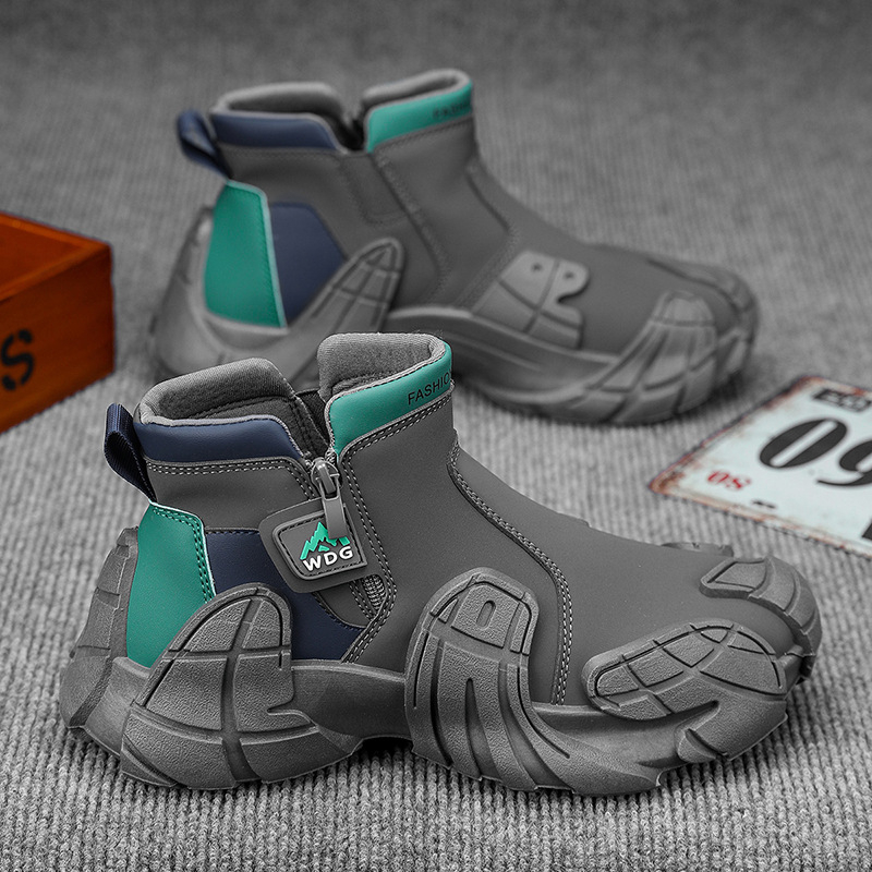 Ghete Martin pentru bărbați, înalte, PU partea superioară, talpă de cauciuc, fermoar lateral, căptușeală din plasă, toc mic 1-3 cm