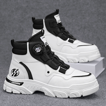 Ghete bărbați din piele, înalte, stil Martin, cu bandă elastică, vârf rotund, talpă PVC, toc mic