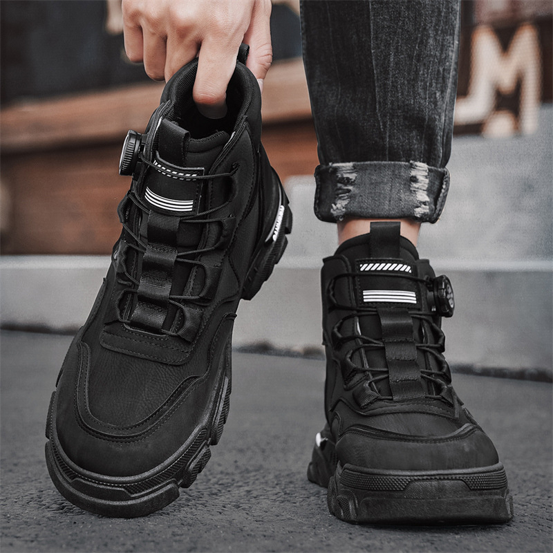 Ghete bărbați din piele, înalte, stil Martin, cu bandă elastică, vârf rotund, talpă PVC, toc mic