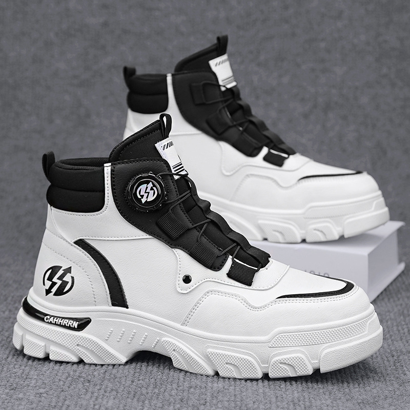 Ghete bărbați din piele, înalte, stil Martin, cu bandă elastică, vârf rotund, talpă PVC, toc mic