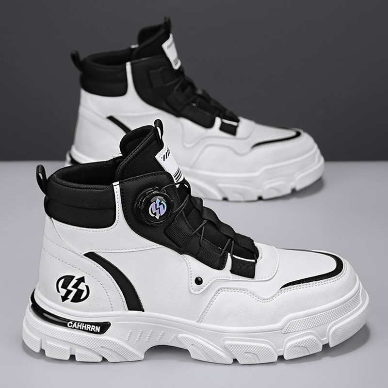 Ghete bărbați din piele, înalte, stil Martin, cu bandă elastică, vârf rotund, talpă PVC, toc mic