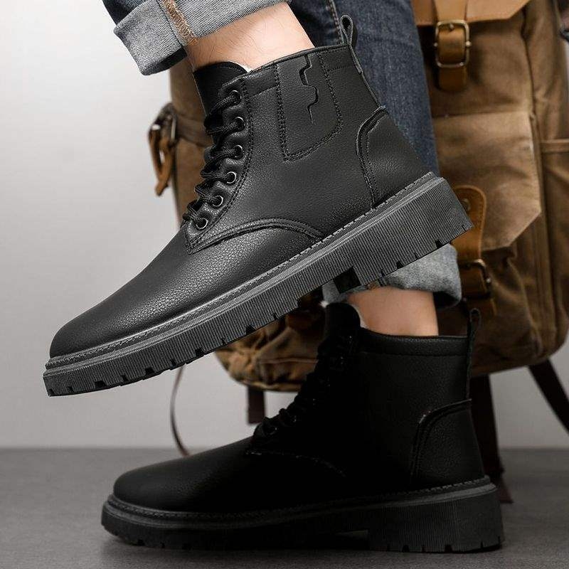 Încălțăminte bărbătească de iarnă, bocanci înalți, talpă antiderapantă, căptușeală din fleece, partea superioară din piele sintetică, talpă din PVC, căptușeală interioară din blană de oaie