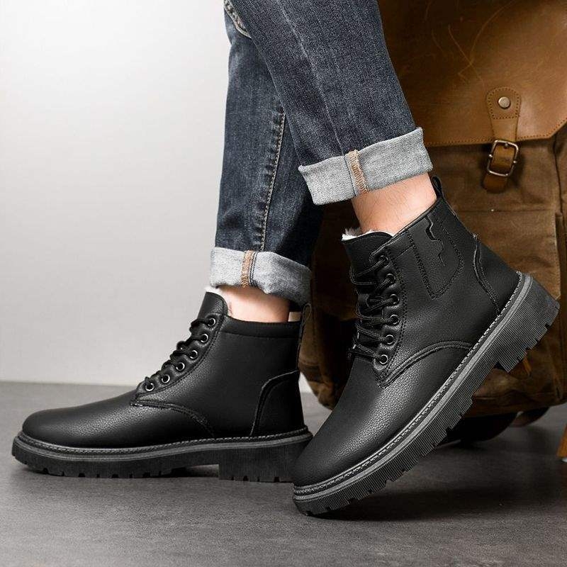 Încălțăminte bărbătească de iarnă, bocanci înalți, talpă antiderapantă, căptușeală din fleece, partea superioară din piele sintetică, talpă din PVC, căptușeală interioară din blană de oaie