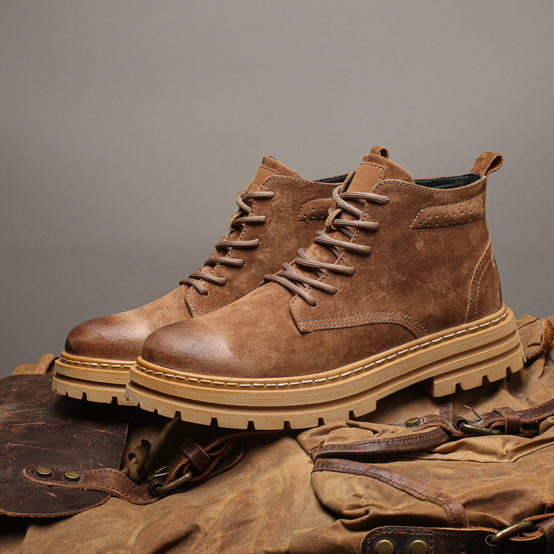 Muške Martin čizme od prave kože, britanski stil, gumeni potplat, mrežasta podstava, srednje visoka peta 3–5 cm