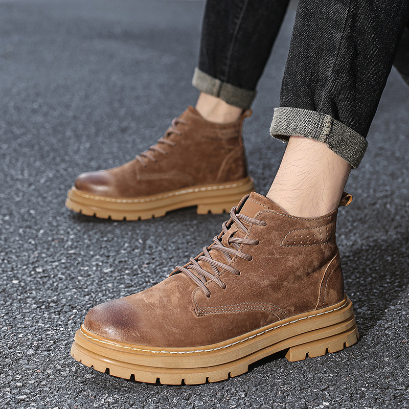Muške Martin čizme od prave kože, britanski stil, gumeni potplat, mrežasta podstava, srednje visoka peta 3–5 cm