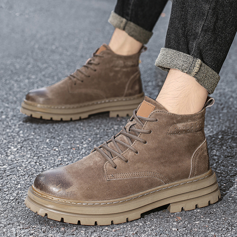 Muške Martin čizme od prave kože, britanski stil, gumeni potplat, mrežasta podstava, srednje visoka peta 3–5 cm