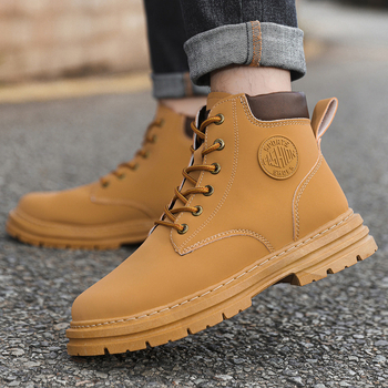 Férfi Martin bakancsok, brit stílusú vastag talppal, PU felsőrész PU bőrrel, műanyag talp, kerek orr, fűzőzős, középmagas szár