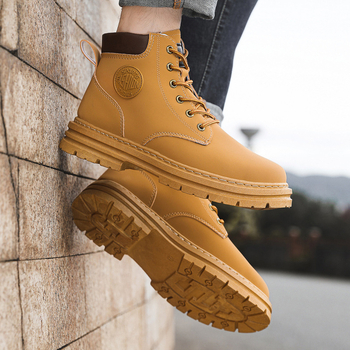 Férfi Martin bakancsok, brit stílusú vastag talppal, PU felsőrész PU bőrrel, műanyag talp, kerek orr, fűzőzős, középmagas szár