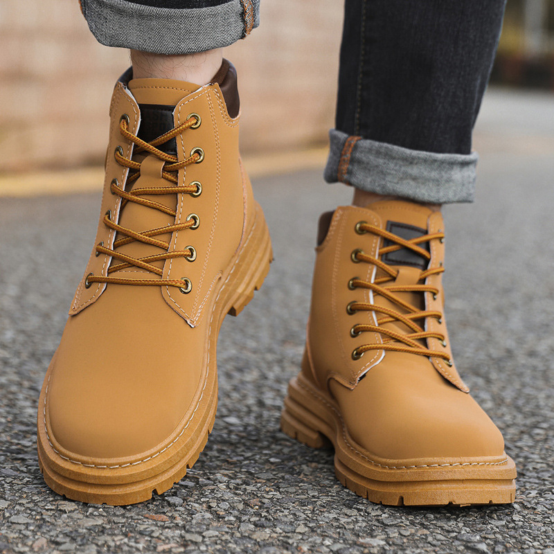 Férfi Martin bakancsok, brit stílusú vastag talppal, PU felsőrész PU bőrrel, műanyag talp, kerek orr, fűzőzős, középmagas szár