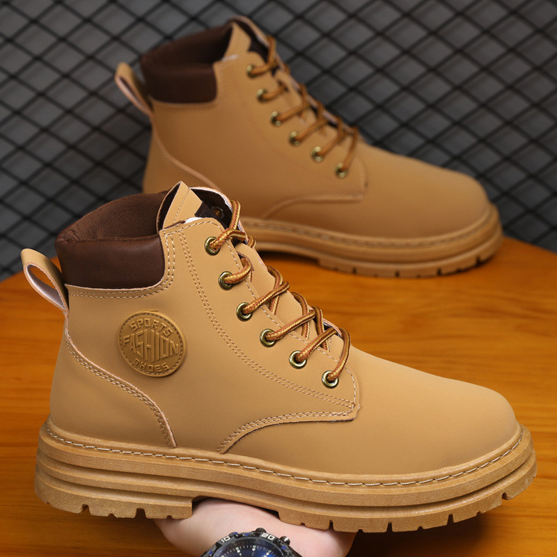 Férfi Martin bakancsok, brit stílusú vastag talppal, PU felsőrész PU bőrrel, műanyag talp, kerek orr, fűzőzős, középmagas szár