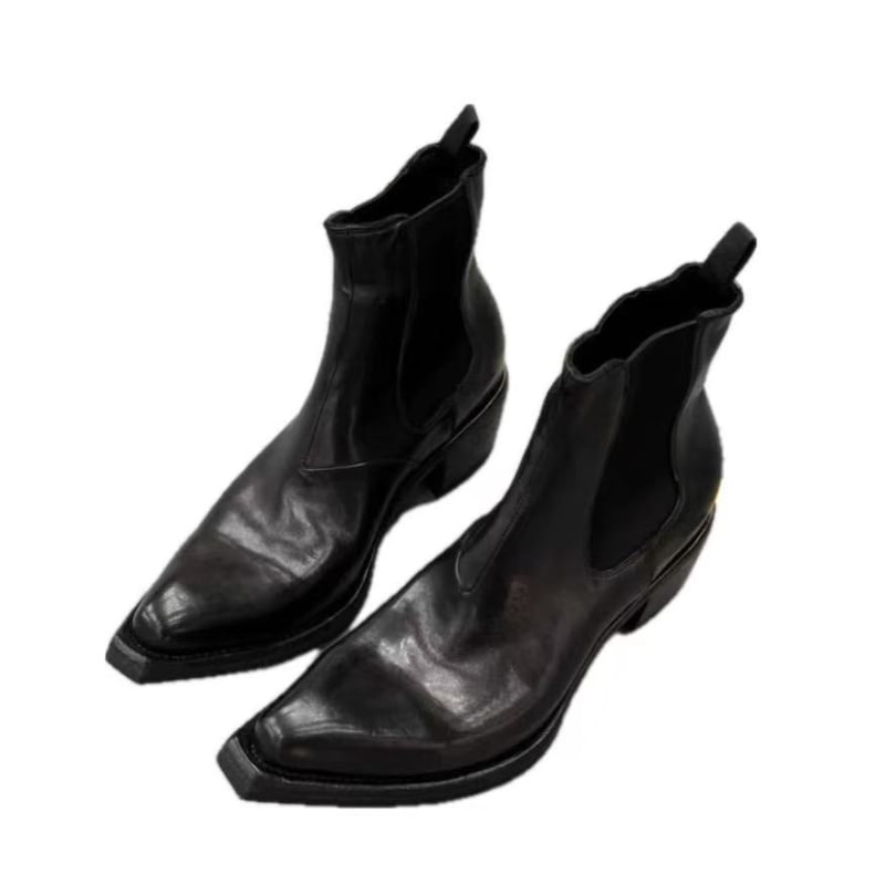 Chelsea batai su stora pada aukščiui didinti, viršutinė medžiaga: galvijų odos antrinis sluoksnis, padas: guma, smailus priekinis, kulno aukštis vidutinis 3-5 cm