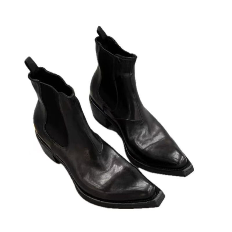 Chelsea batai su stora pada aukščiui didinti, viršutinė medžiaga: galvijų odos antrinis sluoksnis, padas: guma, smailus priekinis, kulno aukštis vidutinis 3-5 cm