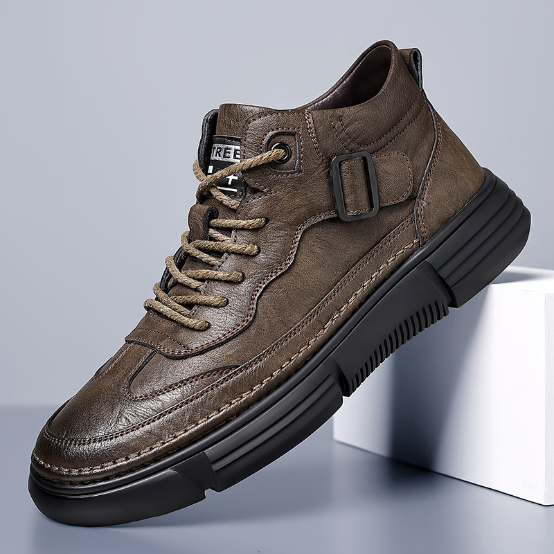 Férfi Martin csizmák, Koreai stílus, téli szezon; légáteresztő, csúszásmentes, melegen tart; felsőrész: másodlagos tehénbőr; belső: mesterséges rövid plüss; talpbetét: PU; talp: gumi; boka magasság: alacsony