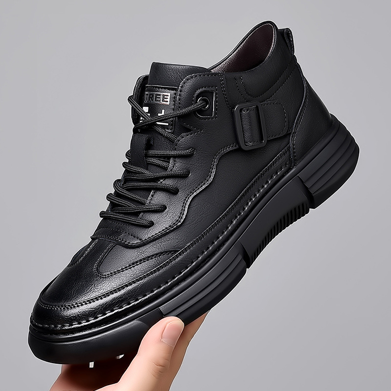 Férfi Martin csizmák, Koreai stílus, téli szezon; légáteresztő, csúszásmentes, melegen tart; felsőrész: másodlagos tehénbőr; belső: mesterséges rövid plüss; talpbetét: PU; talp: gumi; boka magasság: alacsony