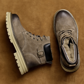 Férfi téli magas szárú bakancs split bőrből, belső gyapjú bélés, gumitalp, Martin-stílusú kültéri bakancs