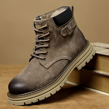 Férfi téli magas szárú bakancs split bőrből, belső gyapjú bélés, gumitalp, Martin-stílusú kültéri bakancs