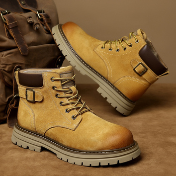 Férfi téli magas szárú bakancs split bőrből, belső gyapjú bélés, gumitalp, Martin-stílusú kültéri bakancs