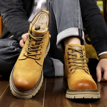 Férfi téli magas szárú bakancs split bőrből, belső gyapjú bélés, gumitalp, Martin-stílusú kültéri bakancs