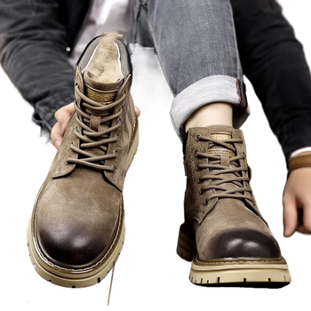 Férfi téli magas szárú bakancs split bőrből, belső gyapjú bélés, gumitalp, Martin-stílusú kültéri bakancs