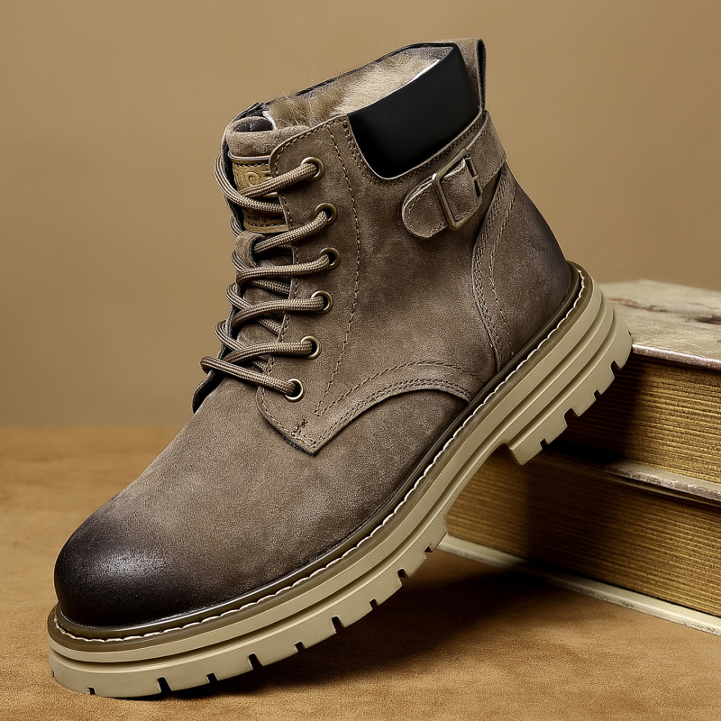 Férfi téli magas szárú bakancs split bőrből, belső gyapjú bélés, gumitalp, Martin-stílusú kültéri bakancs