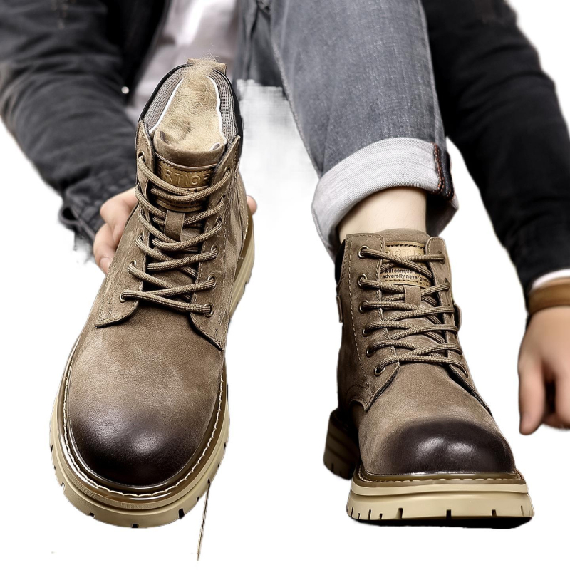 Férfi téli magas szárú bakancs split bőrből, belső gyapjú bélés, gumitalp, Martin-stílusú kültéri bakancs
