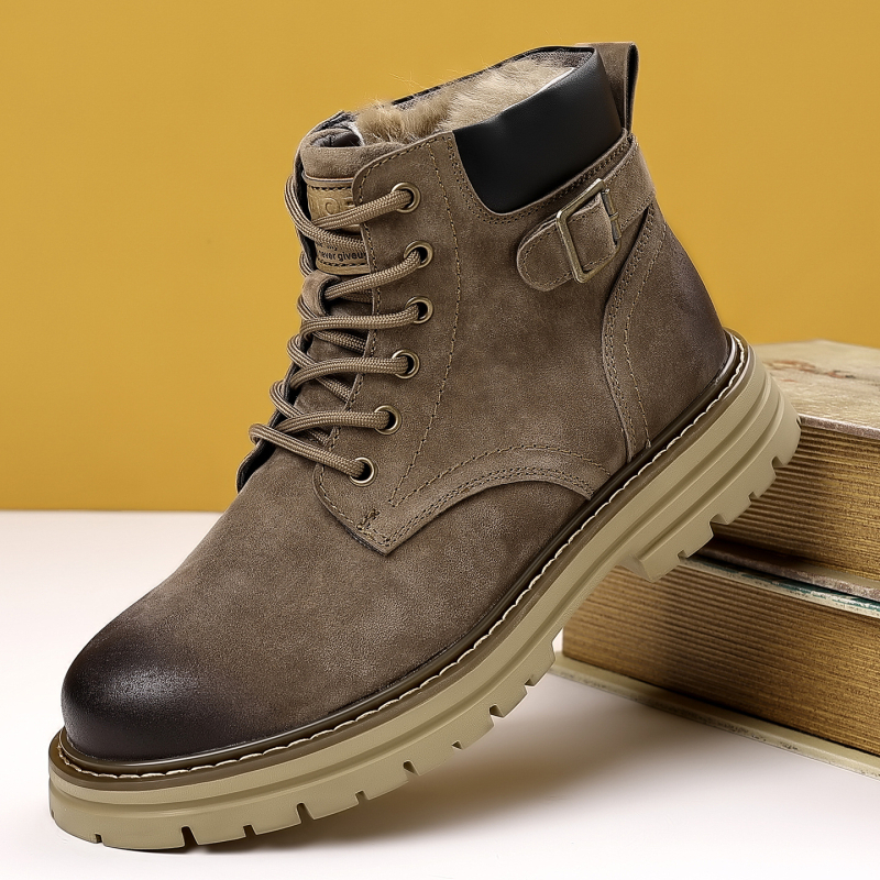Férfi téli magas szárú bakancs split bőrből, belső gyapjú bélés, gumitalp, Martin-stílusú kültéri bakancs