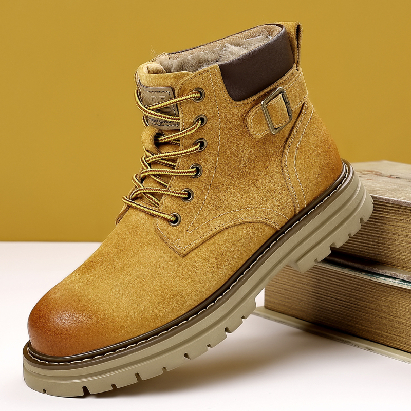 Férfi téli magas szárú bakancs split bőrből, belső gyapjú bélés, gumitalp, Martin-stílusú kültéri bakancs