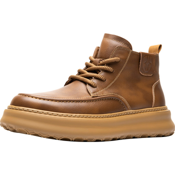 Ghete Martin pentru bărbați – bocanci înalți din piele naturală, talpă groasă din spumă de cauciuc, șireturi în față, 3–5 cm toc, respirante