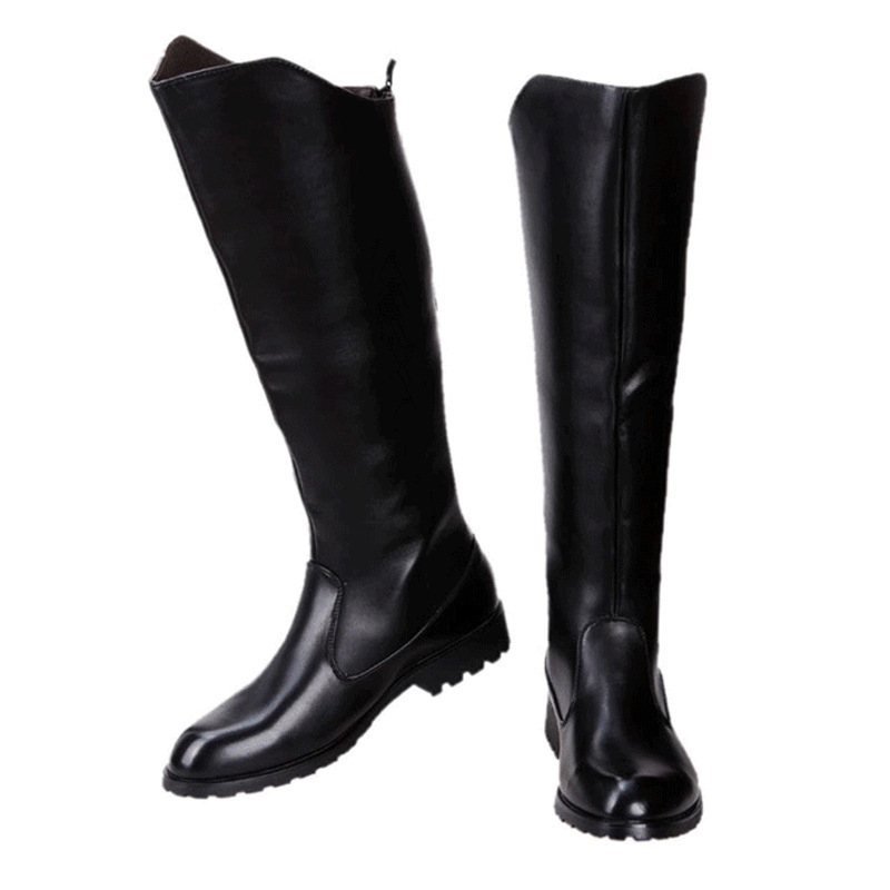 Muške viteške čizme: visok shaft, oštar vrh, stražnji zatvarač, srednji potpetica 3–5 cm, PU gornji dio
