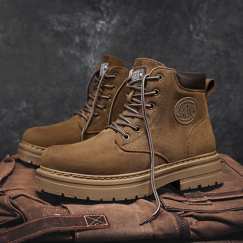 Мъжки велурени високи ботуши в стил Martens с гумена подметка, кръгъл нос, EVA стелка, предно връзване, противохлъзгаща подметка