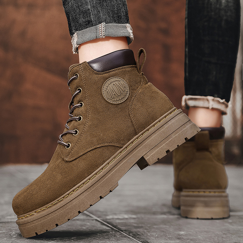 Мъжки велурени високи ботуши в стил Martens с гумена подметка, кръгъл нос, EVA стелка, предно връзване, противохлъзгаща подметка