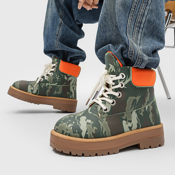 Ghete Martin pentru bărbați, design camuflaj, înălțime înaltă, PU partea superioară, talpă PVC, toc 3-5 cm