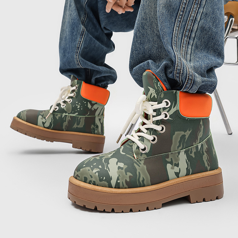 Ghete Martin pentru bărbați, design camuflaj, înălțime înaltă, PU partea superioară, talpă PVC, toc 3-5 cm