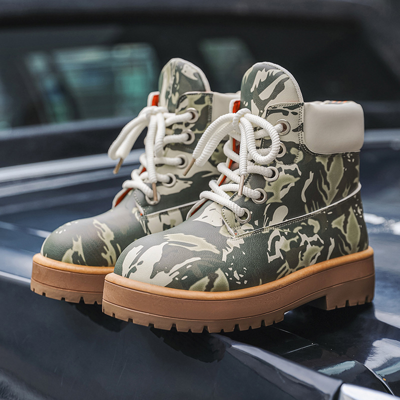 Ghete Martin pentru bărbați, design camuflaj, înălțime înaltă, PU partea superioară, talpă PVC, toc 3-5 cm