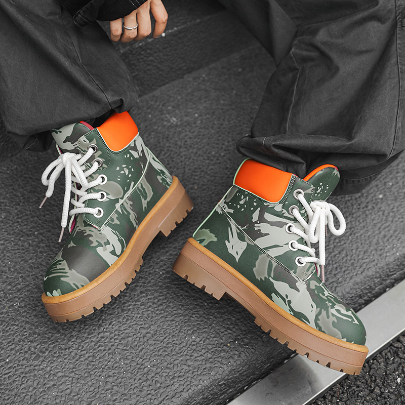 Ghete Martin pentru bărbați, design camuflaj, înălțime înaltă, PU partea superioară, talpă PVC, toc 3-5 cm