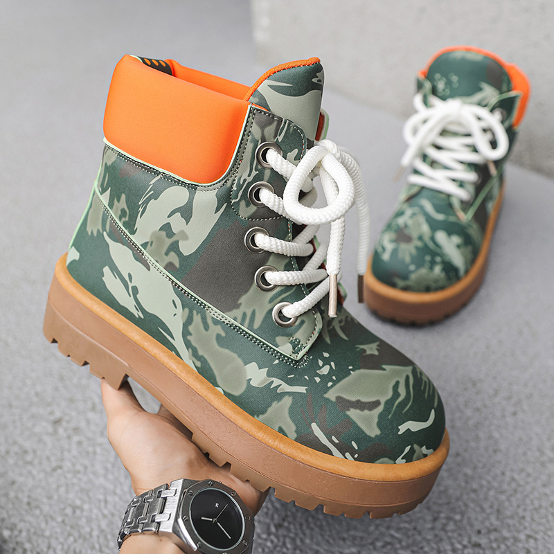 Ghete Martin pentru bărbați, design camuflaj, înălțime înaltă, PU partea superioară, talpă PVC, toc 3-5 cm