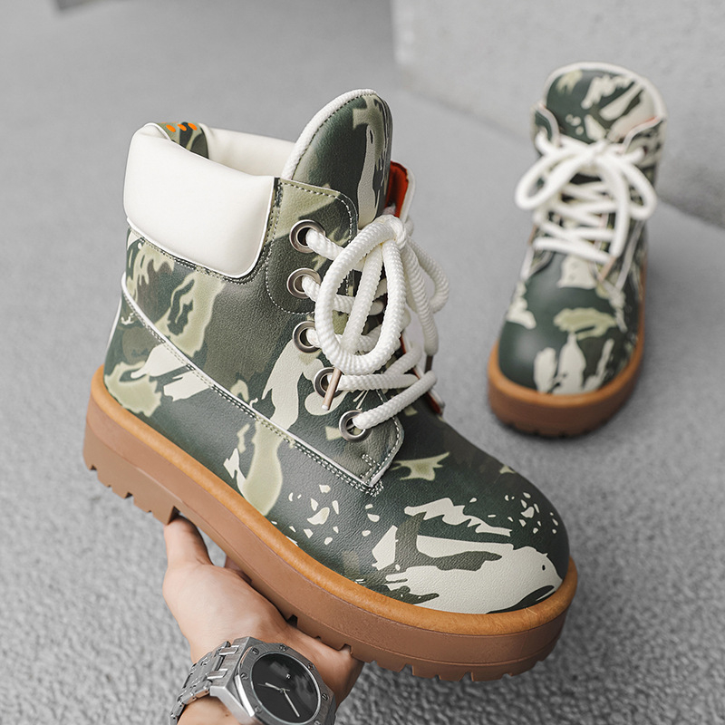 Ghete Martin pentru bărbați, design camuflaj, înălțime înaltă, PU partea superioară, talpă PVC, toc 3-5 cm