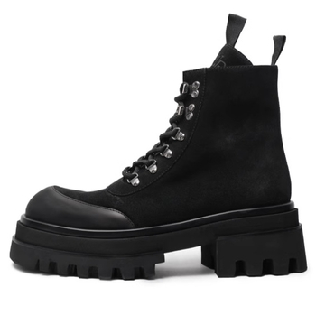 Ghete Martin, partea superioară din velur de piele de vițel, șireturi în față, talpă groasă din spumă de cauciuc, înălțime medie a gleznelor