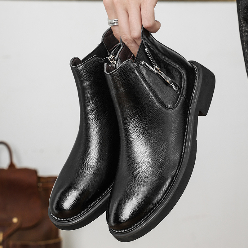 Ανδρικά μποτάκια Martin: επάνω μέρος από γνήσιο δέρμα, καουτσούκ σόλα, πλευρικός φερμουάρ, στρογγυλή μύτη, χαμηλό τακούνι 1-3 εκ