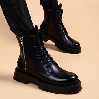 Férfi Martin bakancsok, koreai stílus, középmagas szár, két réteg marhabőrből készült felsőrész, gumitalp, kerek orr, mikroszálas bélés