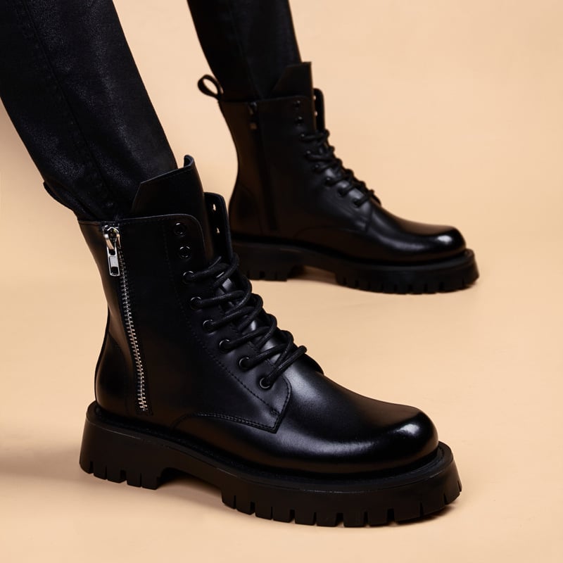 Férfi Martin bakancsok, koreai stílus, középmagas szár, két réteg marhabőrből készült felsőrész, gumitalp, kerek orr, mikroszálas bélés