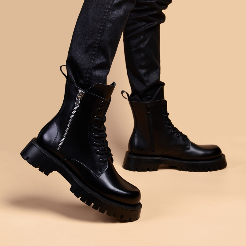 Férfi Martin bakancsok, koreai stílus, középmagas szár, két réteg marhabőrből készült felsőrész, gumitalp, kerek orr, mikroszálas bélés