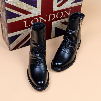 Ghete Martin pentru bărbați cu fermoar, partea superioară din bumbac, talpă din cauciuc, gambă medie, toc 3–5 cm