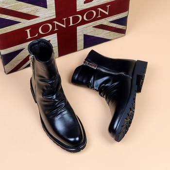 Ghete Martin pentru bărbați cu fermoar, partea superioară din bumbac, talpă din cauciuc, gambă medie, toc 3–5 cm